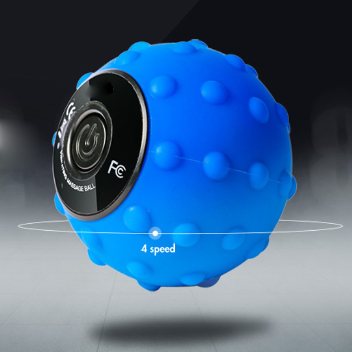 Blue massage ball with textured surface and black control panel on a dark background