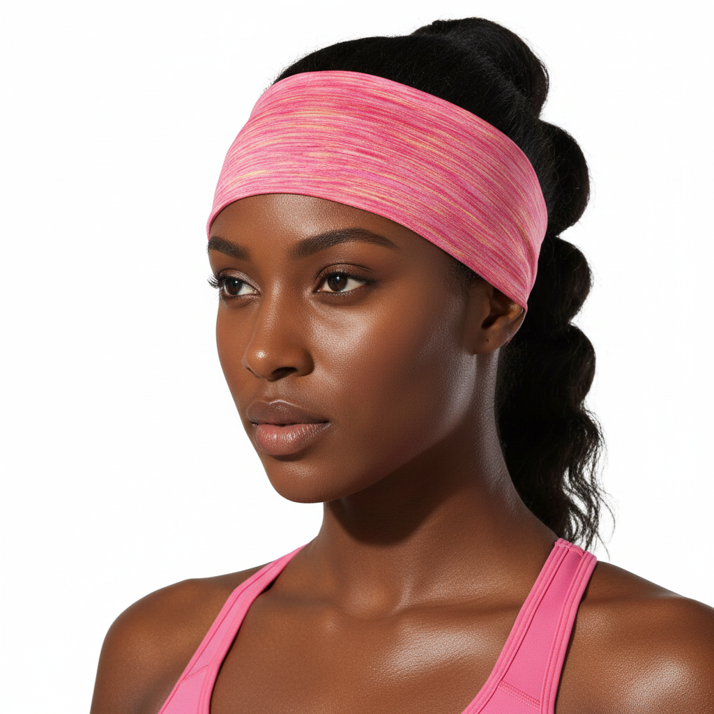 Closeup of black Woman wearing a pink headband and sports bra on a white background