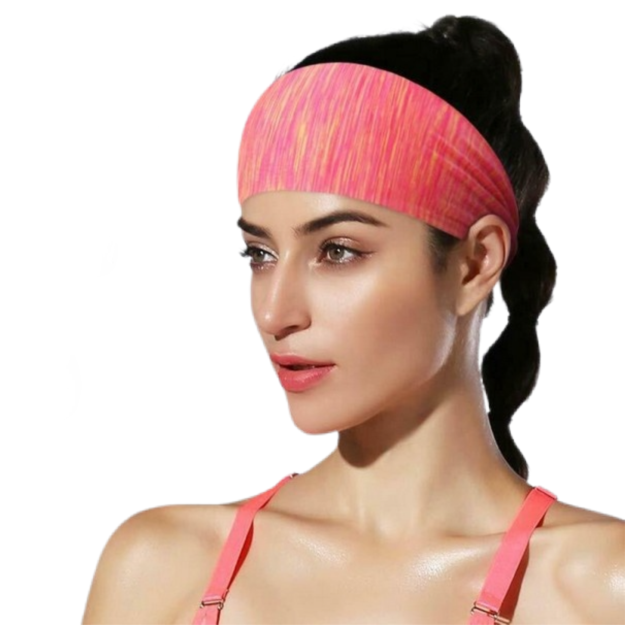 Woman wearing a pink headband and sports bra on a white background
