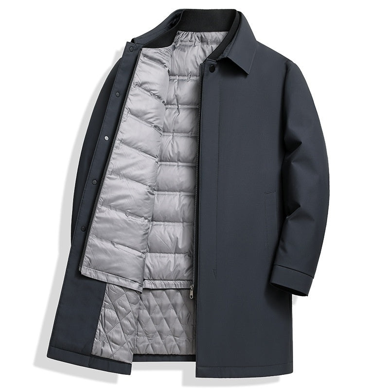 Dark gray coat with quilted gray lining on a white background