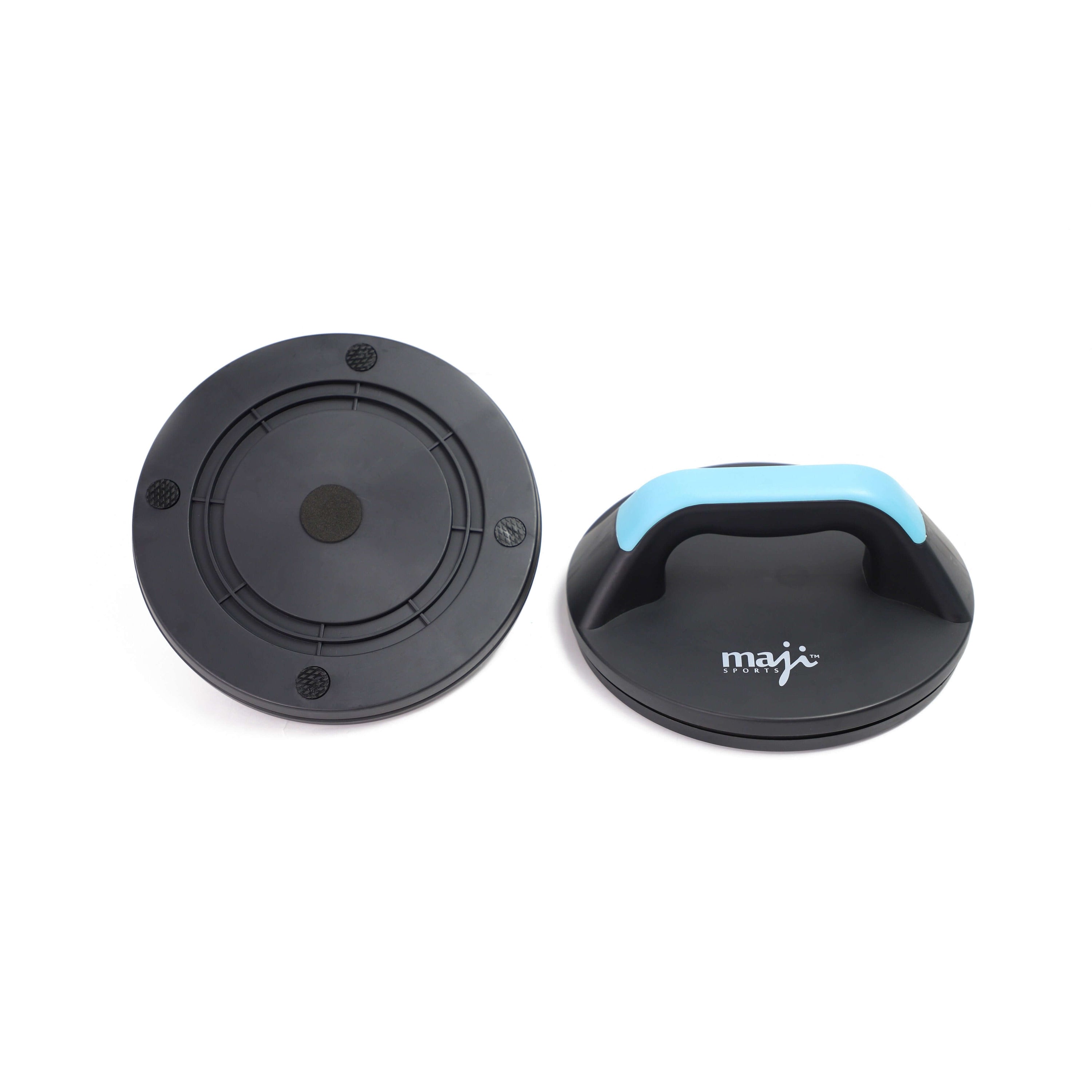 Two black and blue fitness devices on a white background
