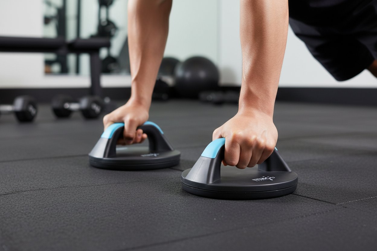 A person using Two black and blue fitness devices with gym in background.