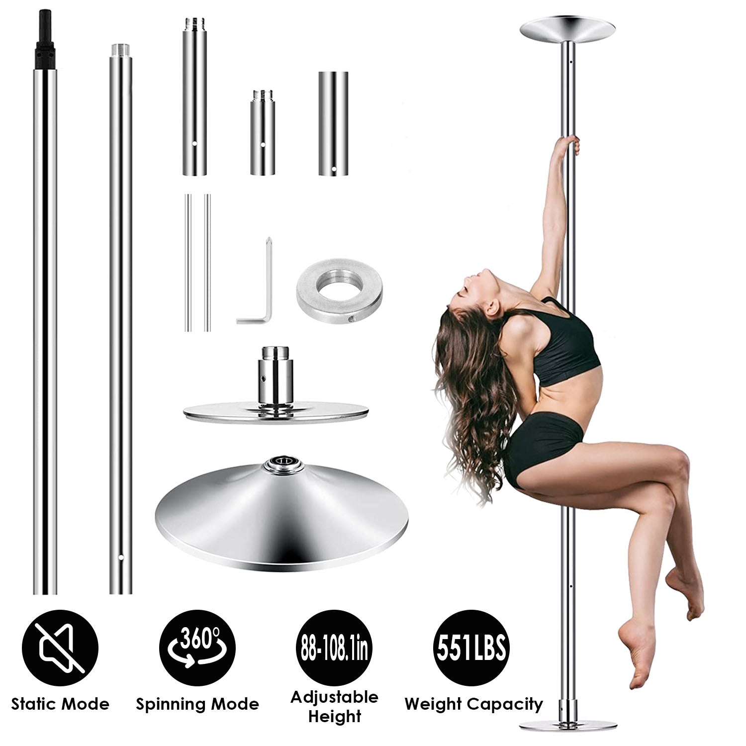 Pole dancing equipment with adjustable height and weight capacity, featuring a dancer for scale.
