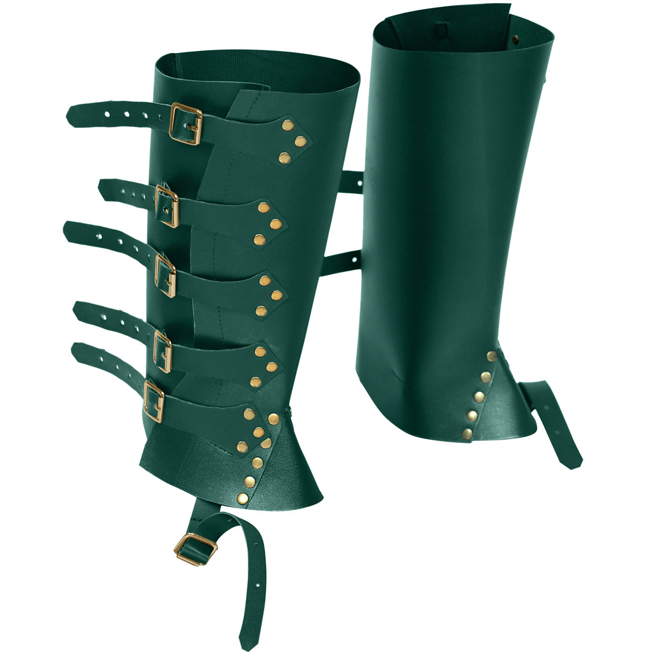 Green leather arm guards with gold buckles and studs on a white background