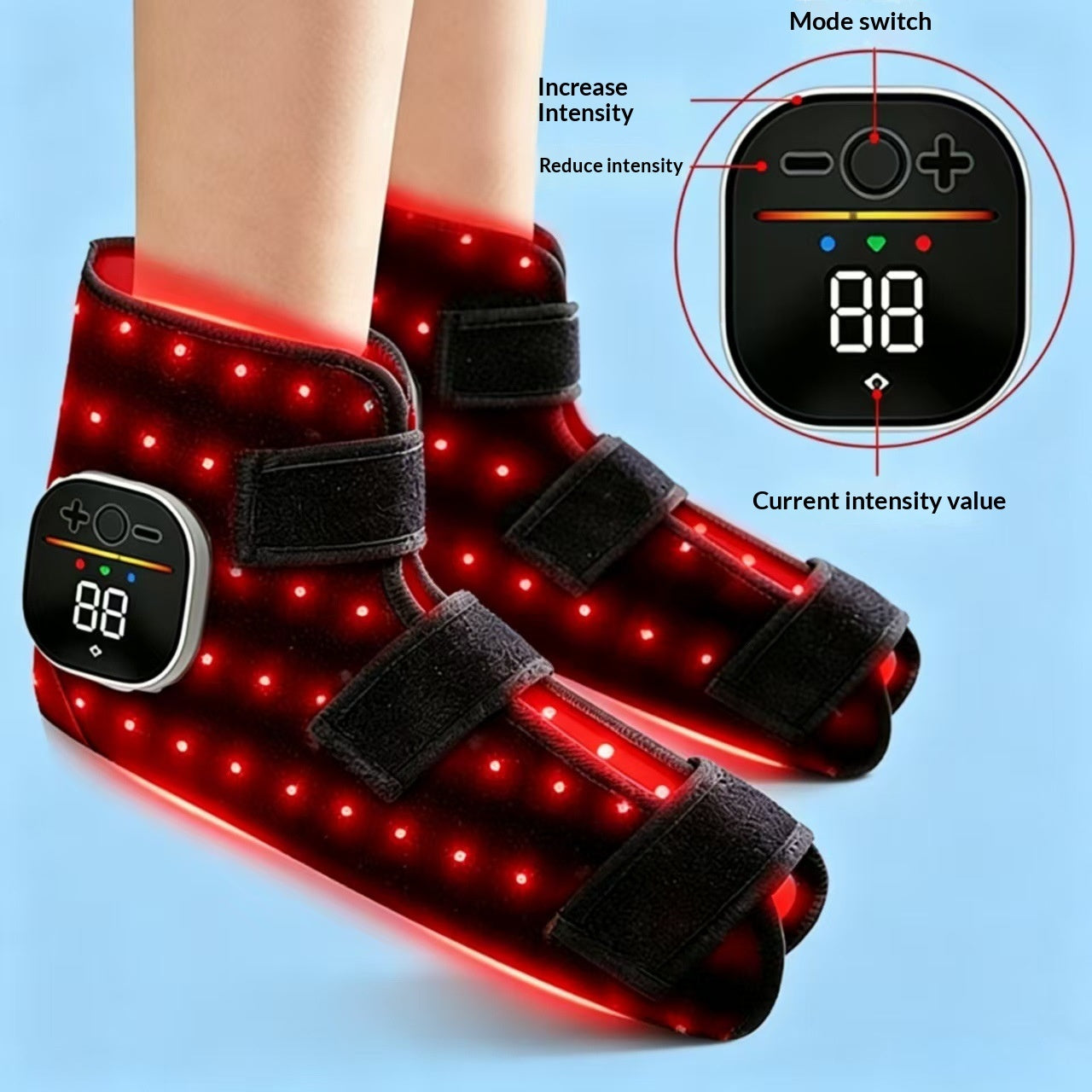 A pair of red light therapy foot and ankle wraps being worn on a person's feet, with an inset diagram showing the control panel and labels for mode switch, intensity, and current value on a light blue background.
