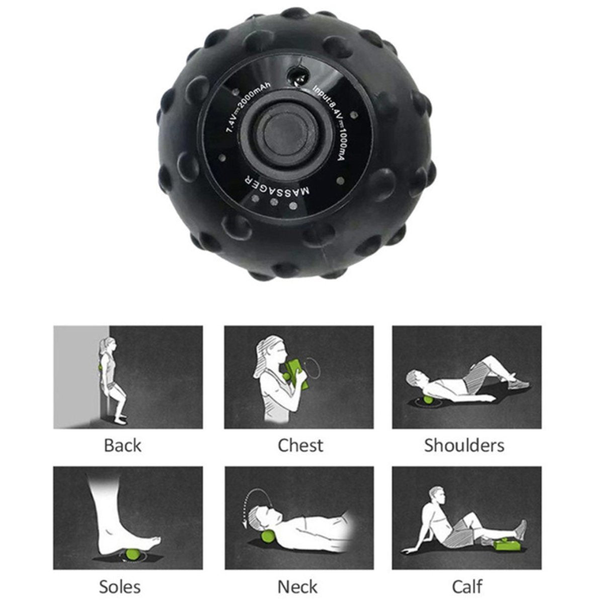 Black massage ball with usage instructions on a white background