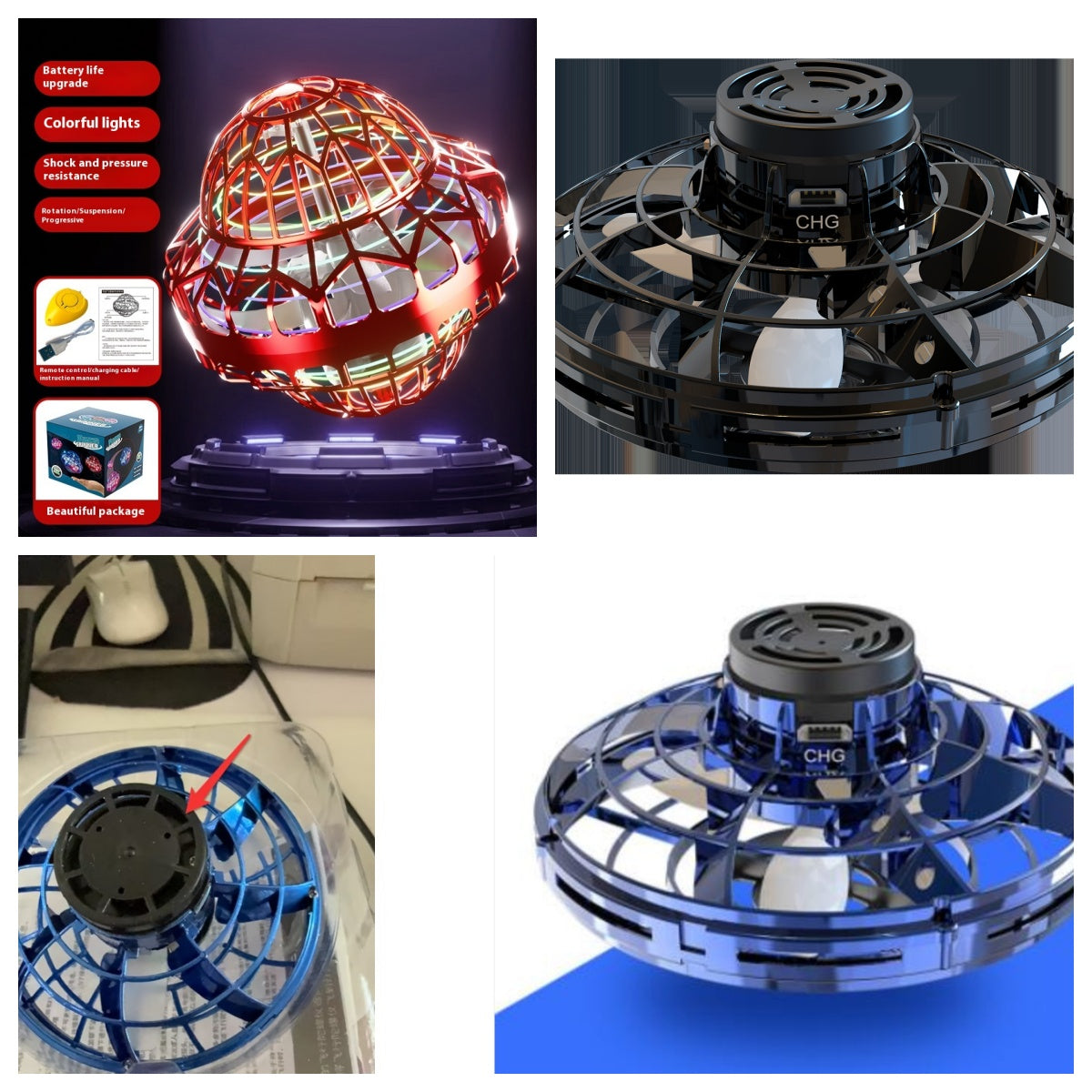 Collage of a colorful LED ball with packaging and close-up views on a blue background.