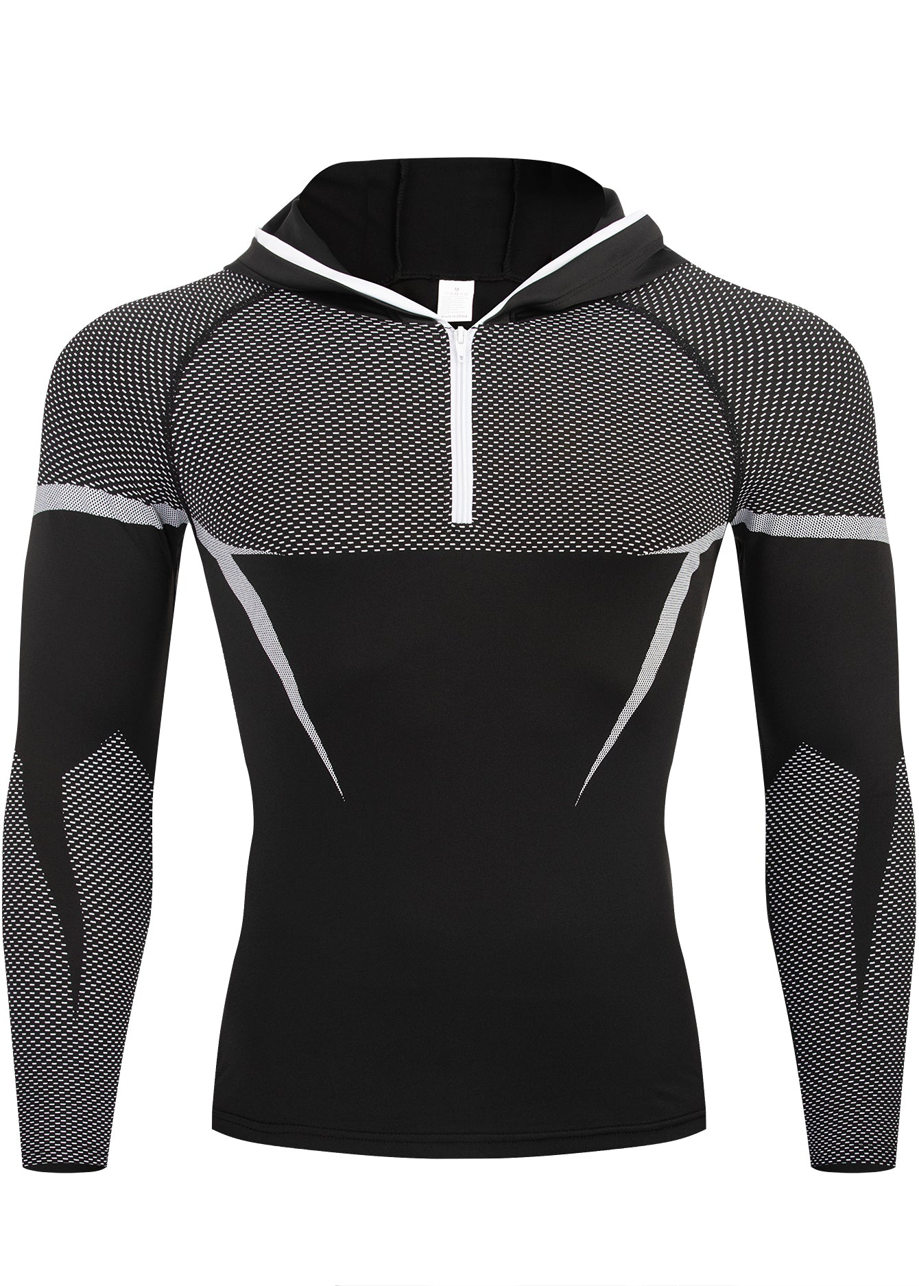 A men's long-sleeve athletic compression shirt with a black and gray patterned design, featuring a half-zip neckline and a hood, shown on a plain white background.