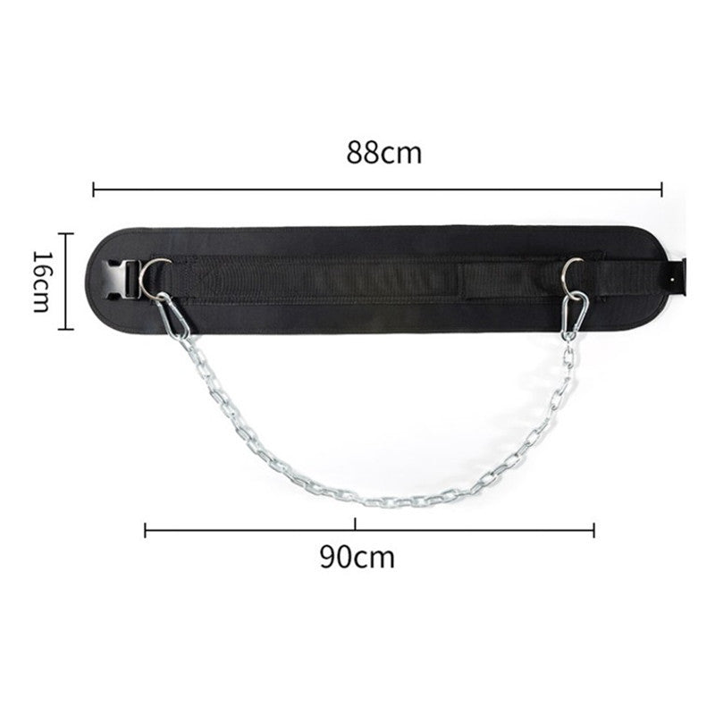 Black belt with chain and measurements on a white background