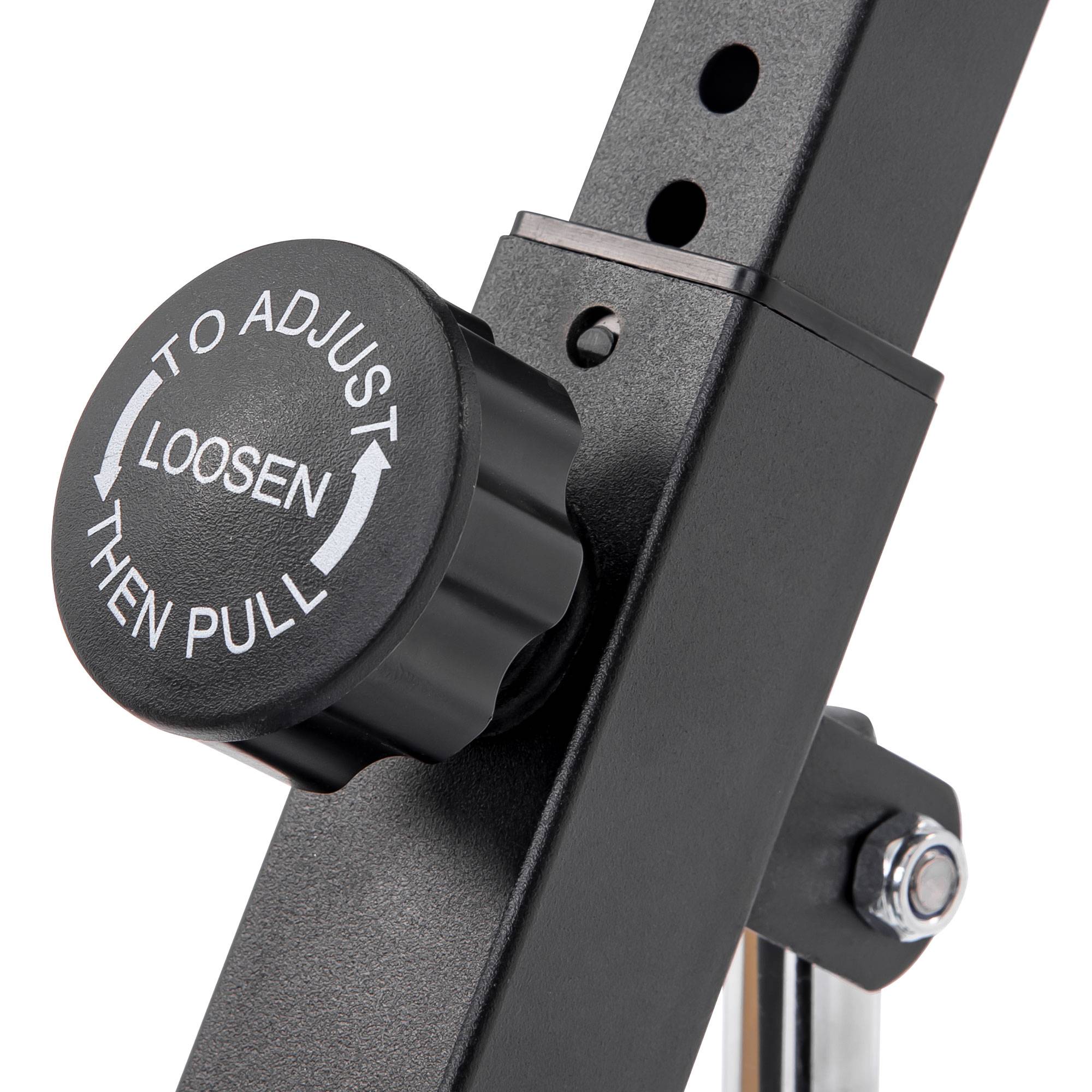 Black adjustable mechanism with a label on a white background