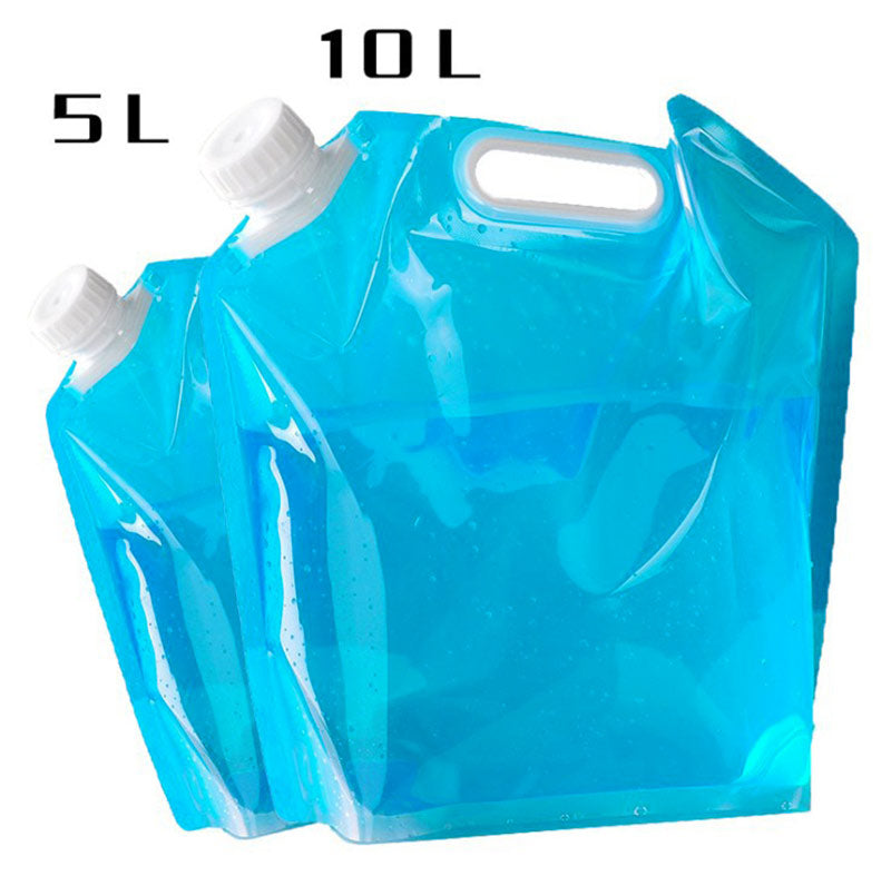 Blue plastic water container with white handles and caps, labeled 10L and 5L.