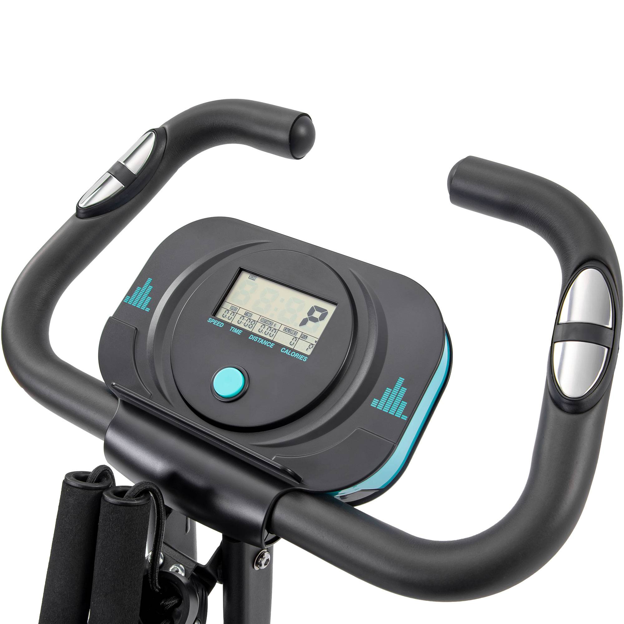 Close-up of a black exercise bike handlebar with digital display on a white background