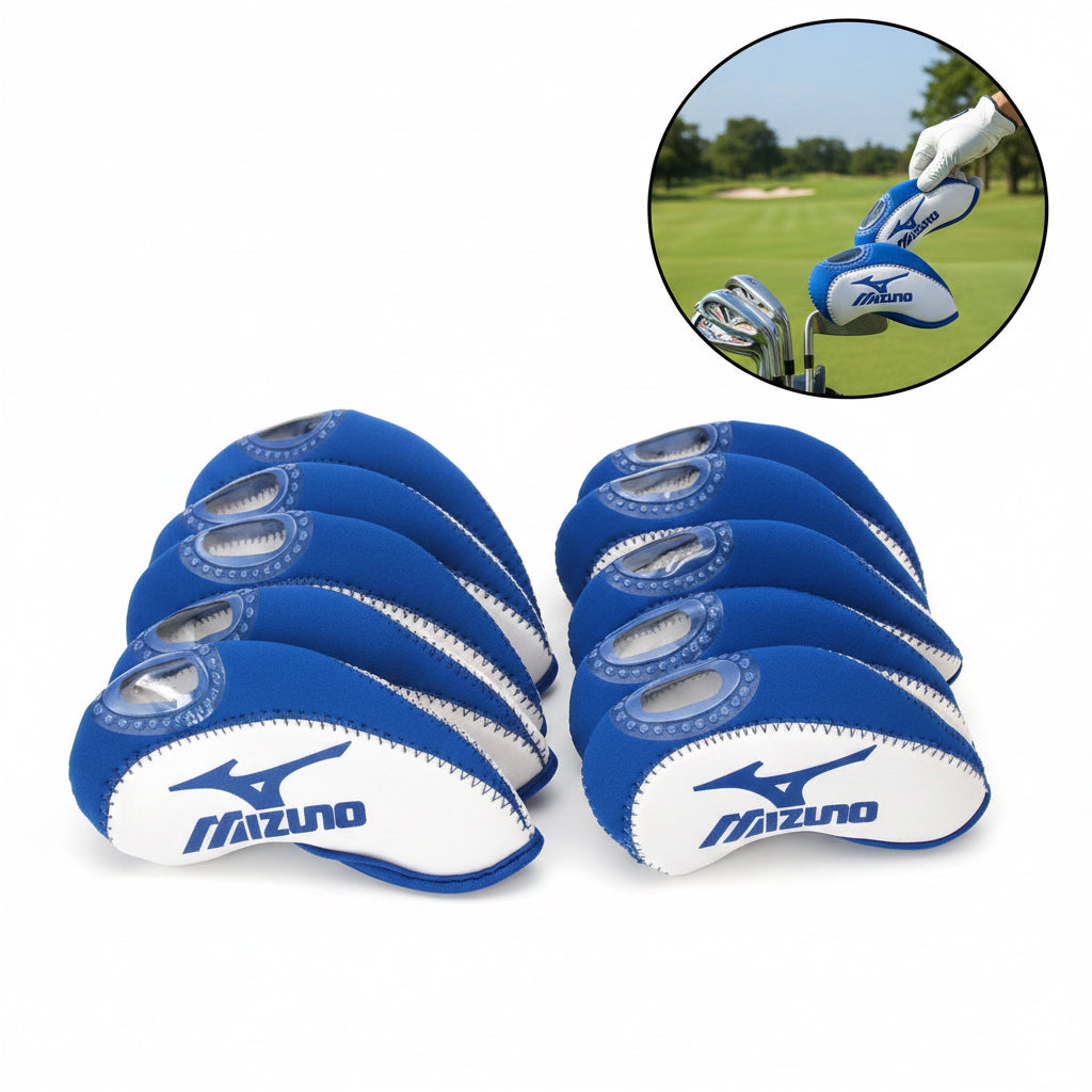 Set of blue golf club covers with Mizuno logo on a white background and caddy placing sleeve on golf club
