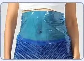 A person wearing a blue mesh waist wrap or belt with a translucent blue plastic layer over the waist, shown against a plain light background.
