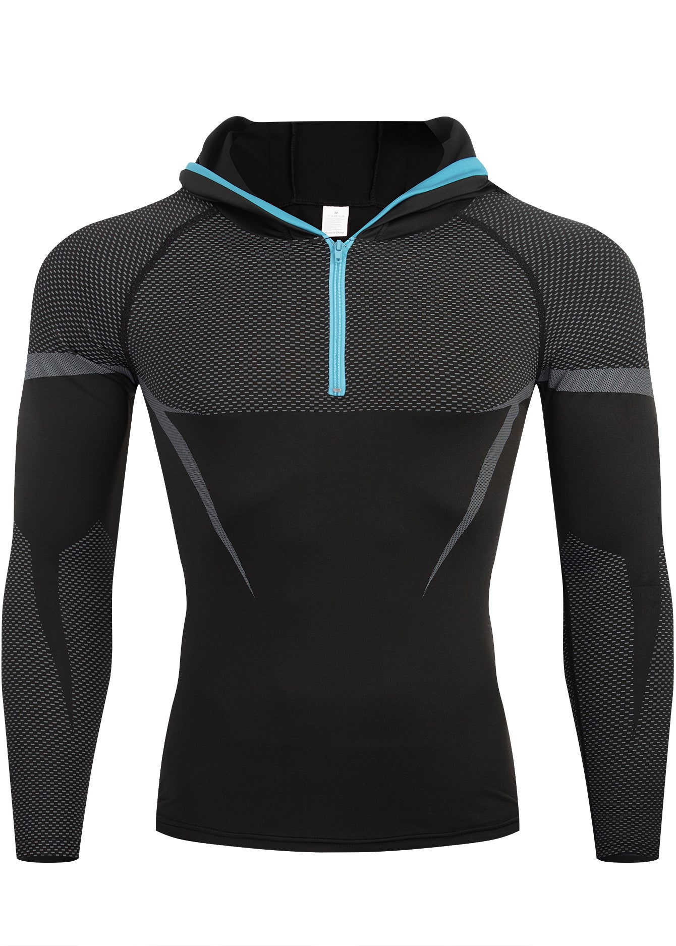 A men's long-sleeve athletic half-zip hoodie in black and dark gray with light blue accents on the zipper and hood lining, shown on a plain white background.