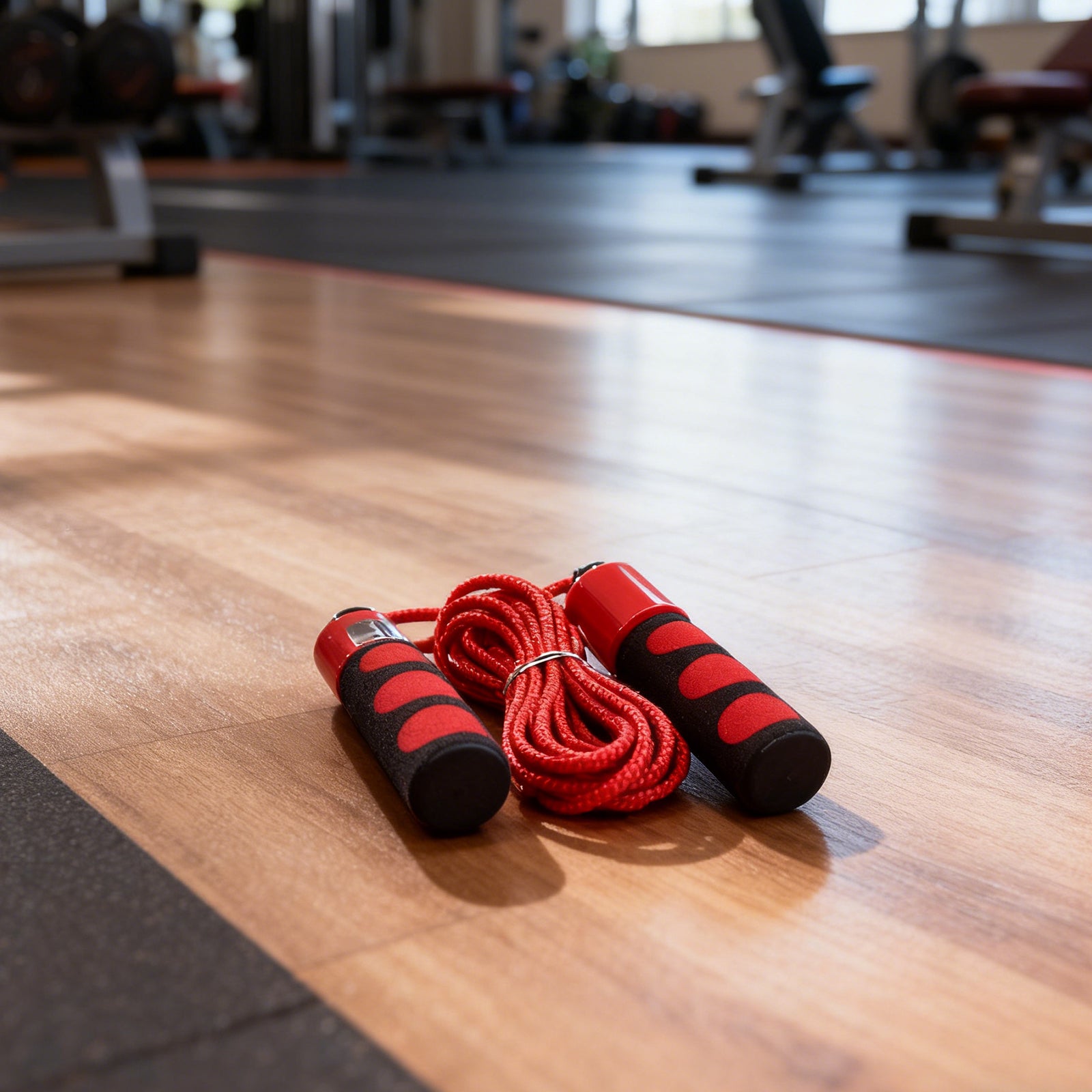 Red and black jump rope on a wooden floor in a gym.