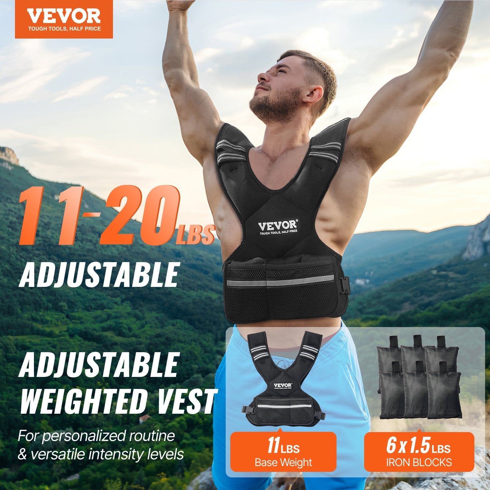 Man wearing a VEVOR adjustable weighted vest with scenic background