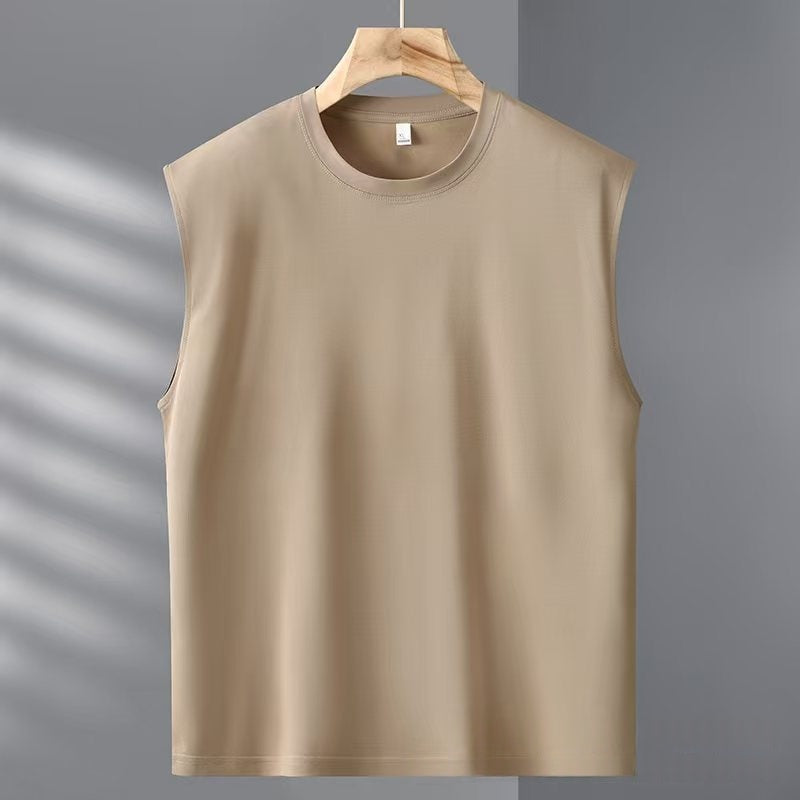 Beige sleeveless shirt on a hanger against a gray background