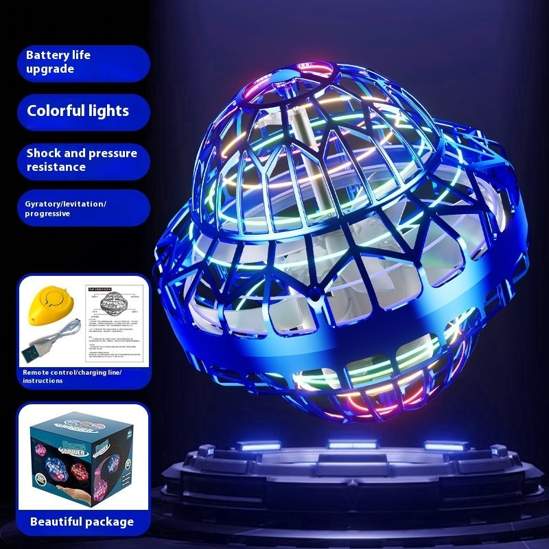 Colorful LED ball with features listed on a dark background