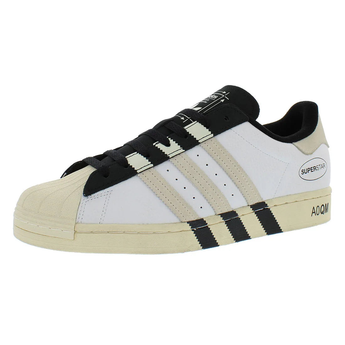 White and beige sneaker with black stripes on a white background