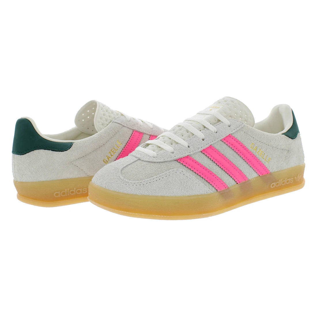 White sneakers with pink stripes and green accents on a white background