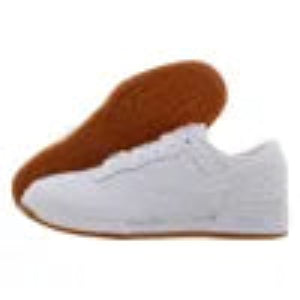 A pair of white low-top sneakers shown against a plain white background, with one shoe standing upright and the other lying on its side to display the brown outsole.