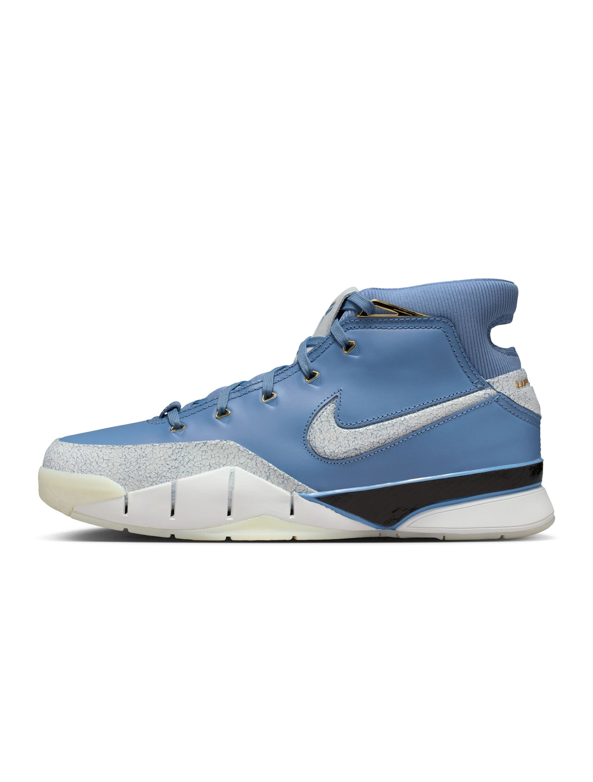Blue Nike basketball shoe on a white background
