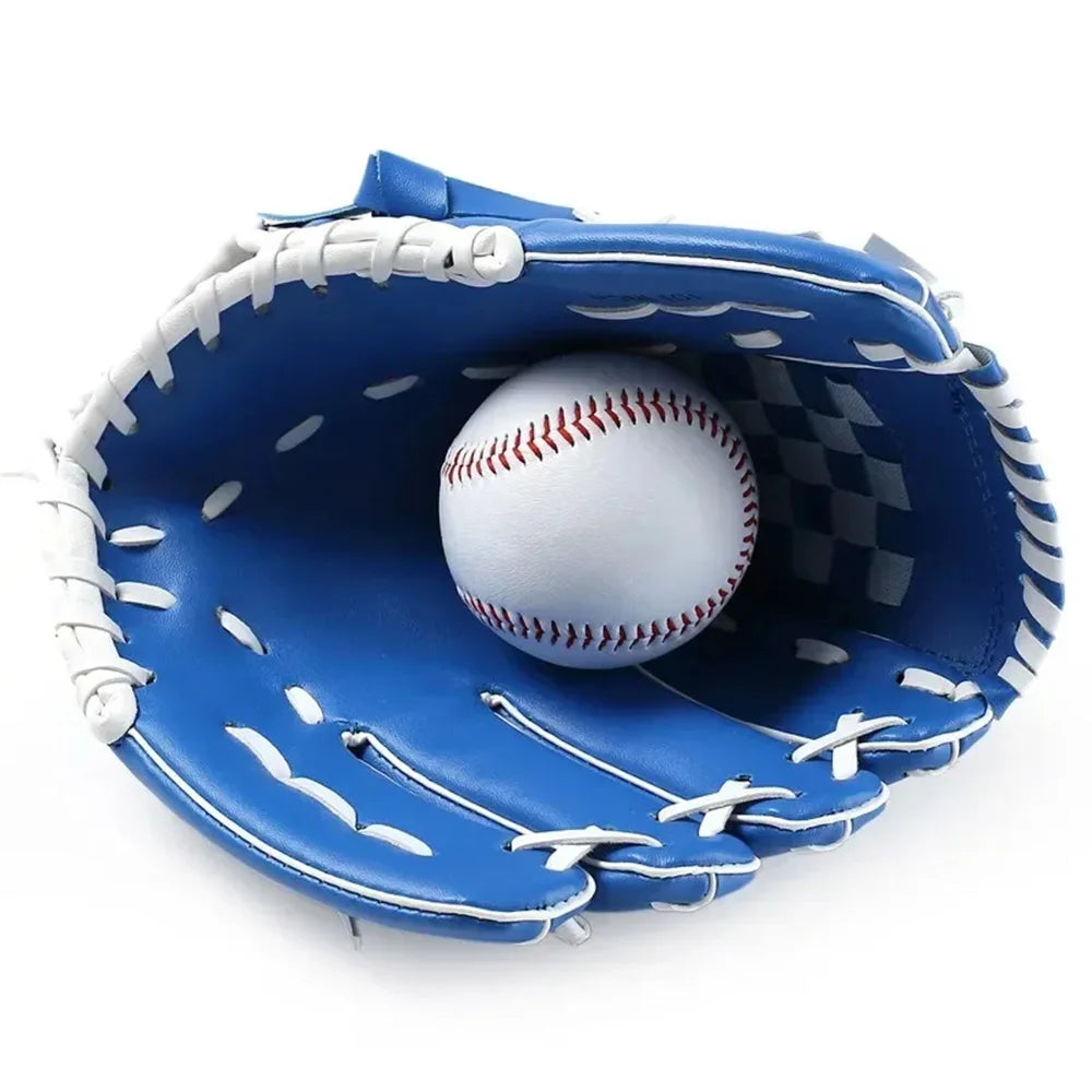Blue baseball glove with a white baseball inside on a white background