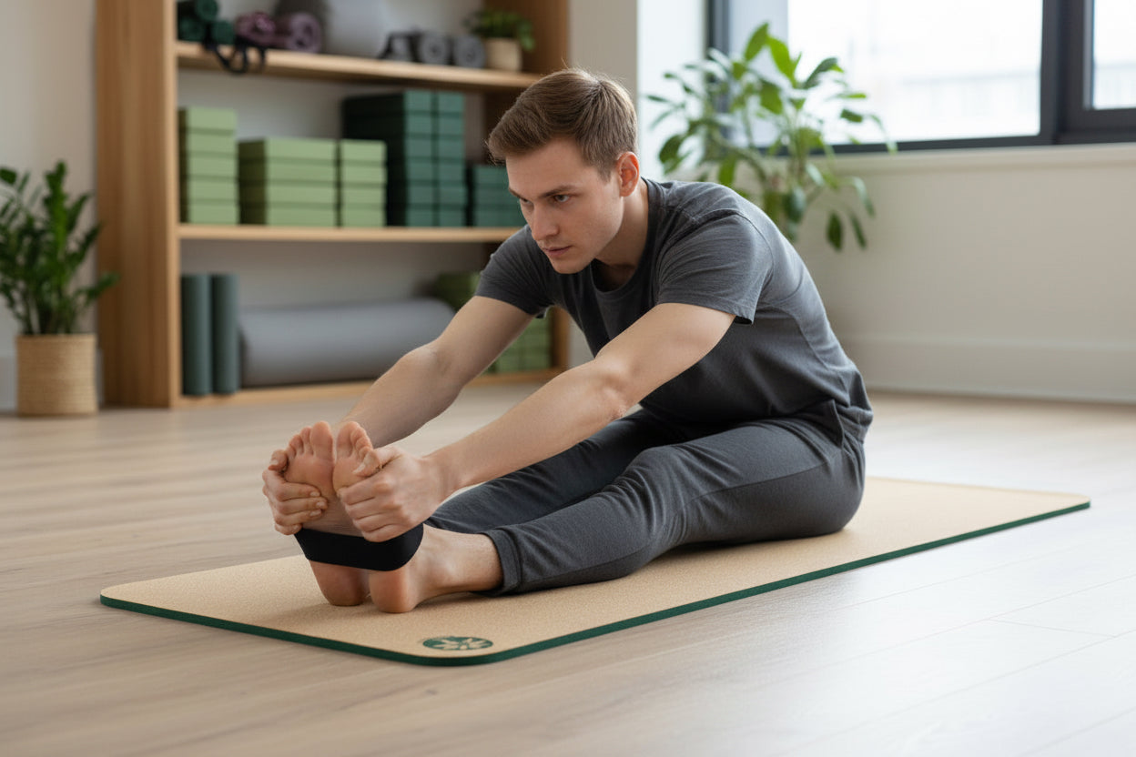 A thin white male stretching on Two sided yoga mats, one green and one brown with a logo, in living room