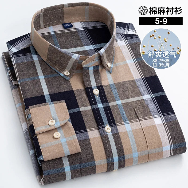 Plaid shirt with brown and blue pattern on a white background