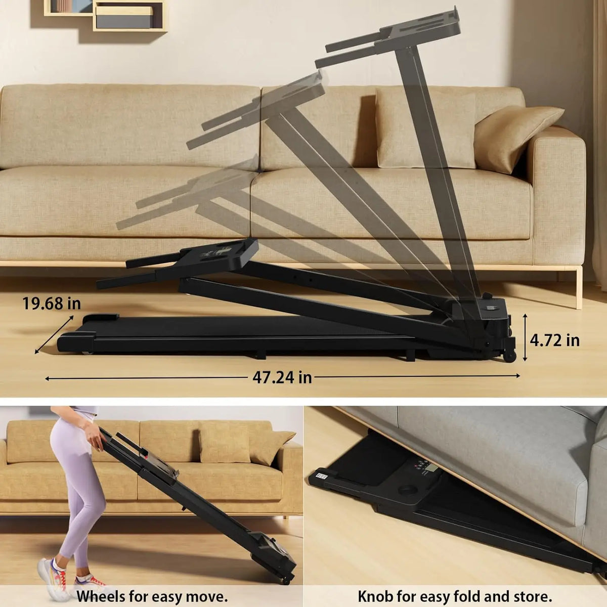 Collage showing the treadmill folding flat, being rolled and stored beneath a sofa.