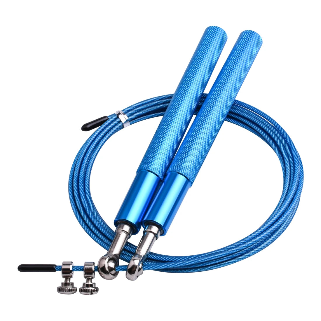 Blue jump rope with metal ends on a white background