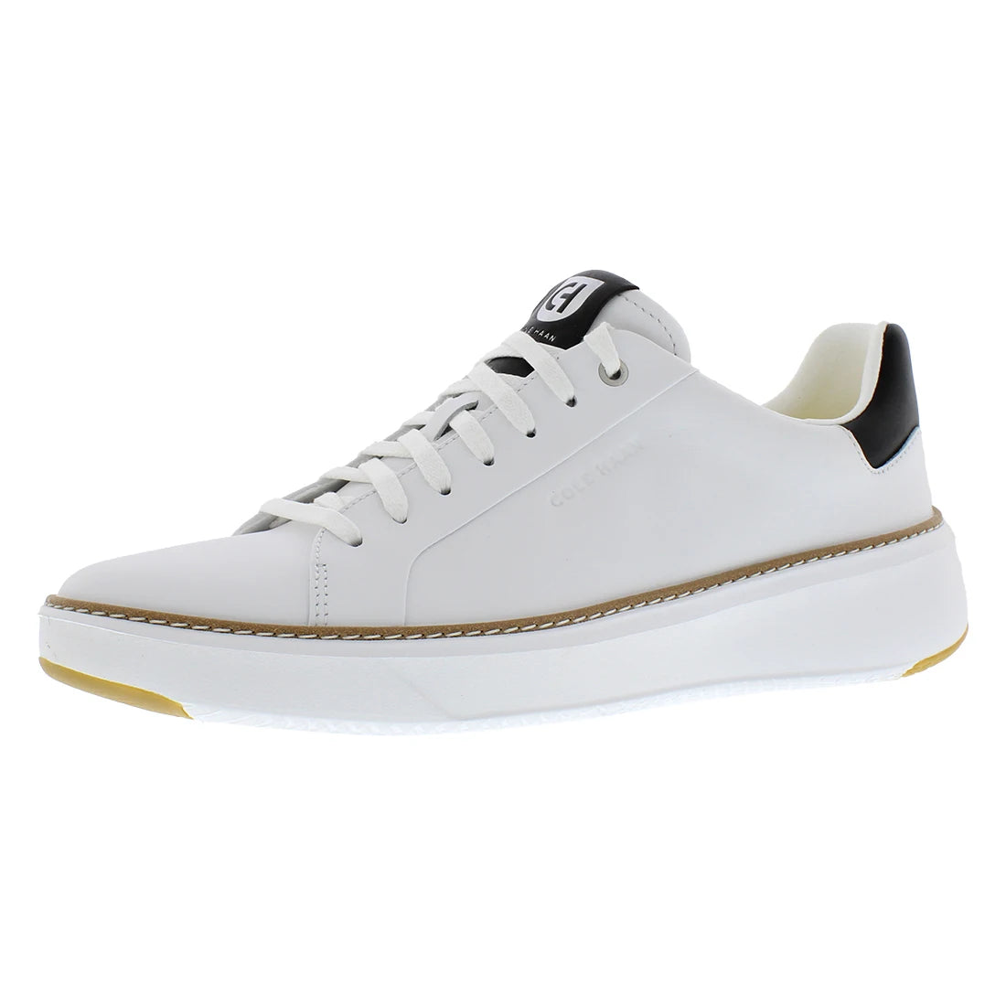 A white leather low-top sneaker with white laces, a thick white platform sole, a black heel tab, and a gold welt detail, shown from a side profile on a white background.