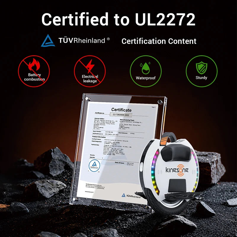 Supplier graphic showing a white KingSong electric unicycle beside a certificate and a UL 2272 certification claim.