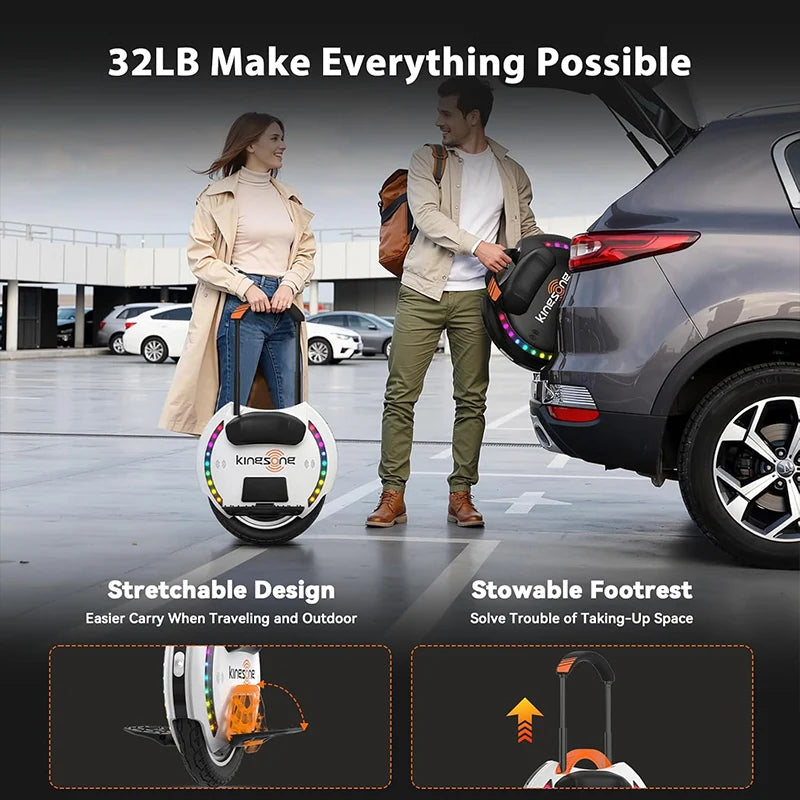 Two people with black and white KingSong electric unicycles beside an open SUV trunk, with carry-handle and folding-pedal details.