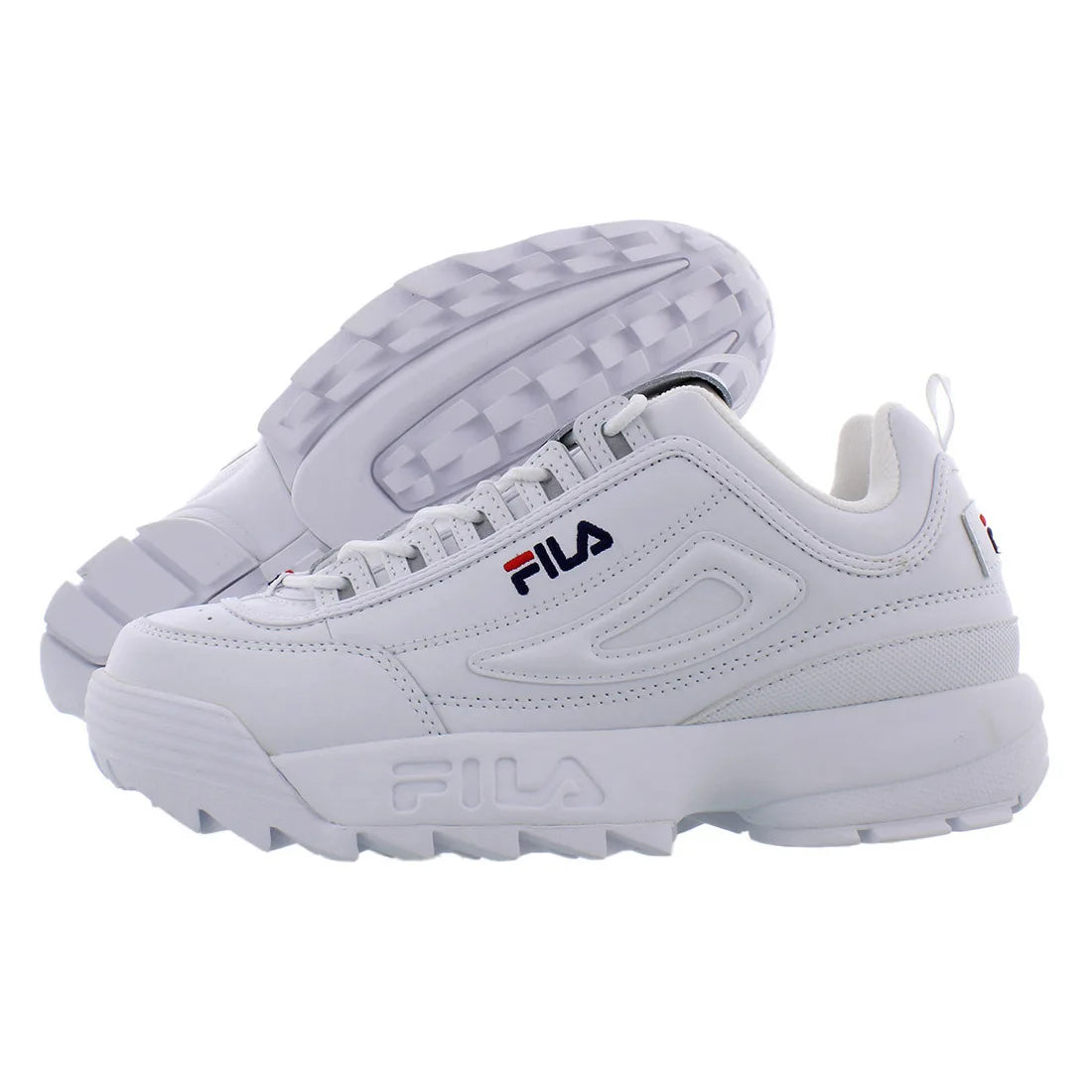 A pair of white FILA low-top sneakers, with one shoe showing the side profile and the other showing the textured outsole, set against a plain white background.