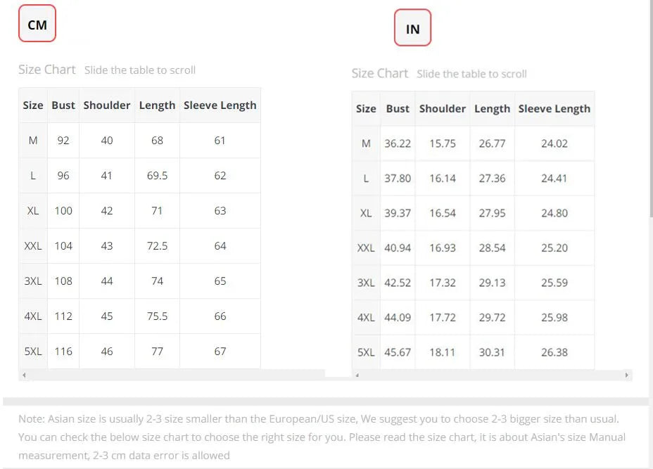 Size chart for clothing measurements in inches and centimeters