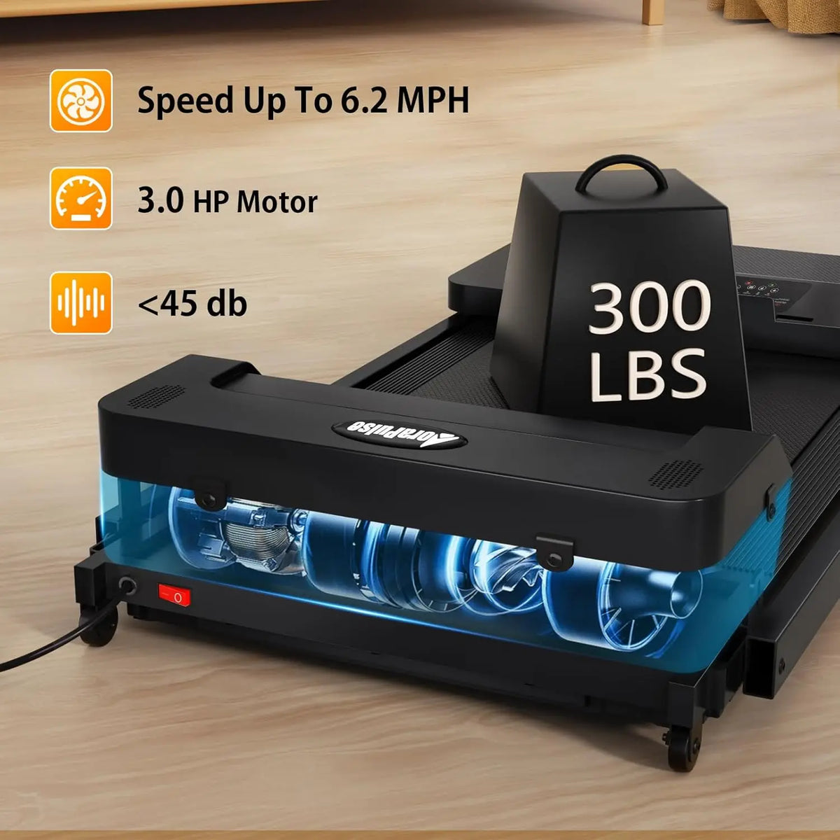 Treadmill motor illustration with supplier labels claiming 3 HP, 6.2 mph speed and 300 lb capacity.