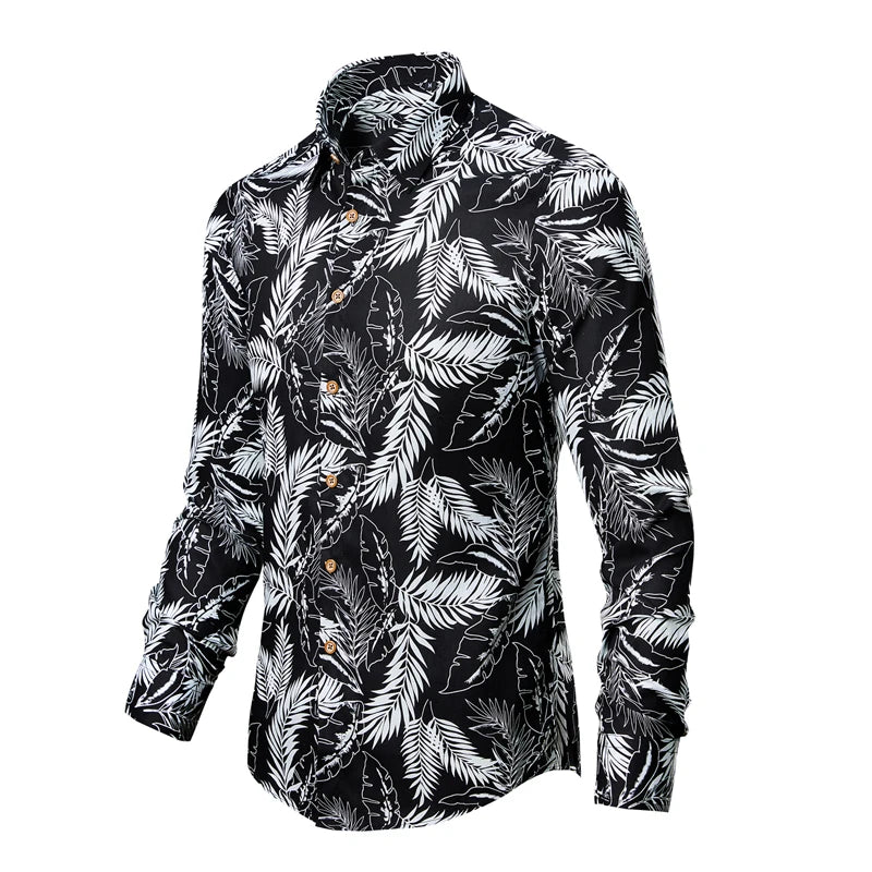 Black shirt with white leaf pattern on a white background