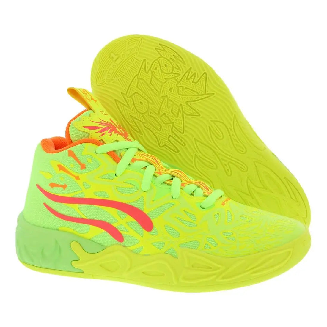 A pair of neon yellow-green basketball sneakers with orange and pink flame-like graphic accents, shown on a plain white background with one shoe standing upright and the other lying on its side to display the sole.