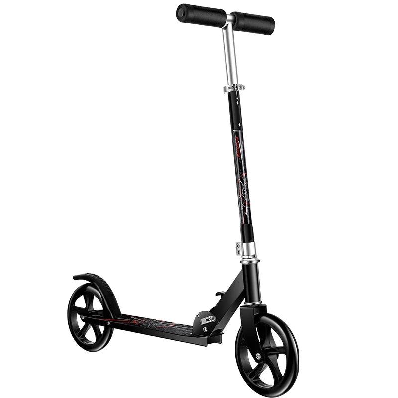 Black folding kick scooter with adjustable handlebars and two large wheels.