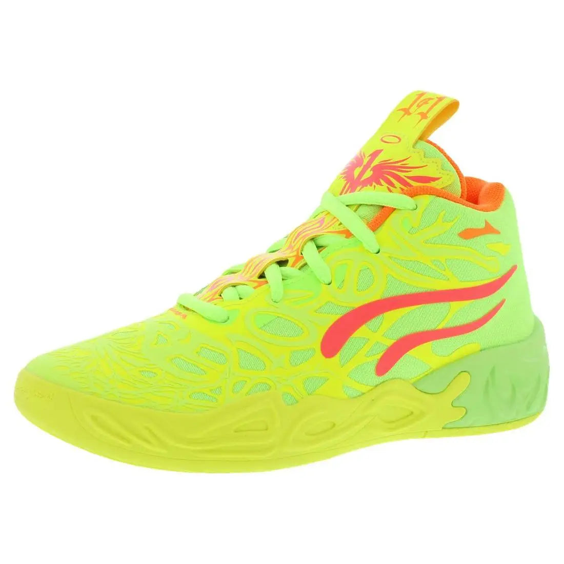 A neon yellow-green high-top basketball shoe with a textured pattern, a red side logo, and orange details on the tongue and collar, shown against a plain white background.
