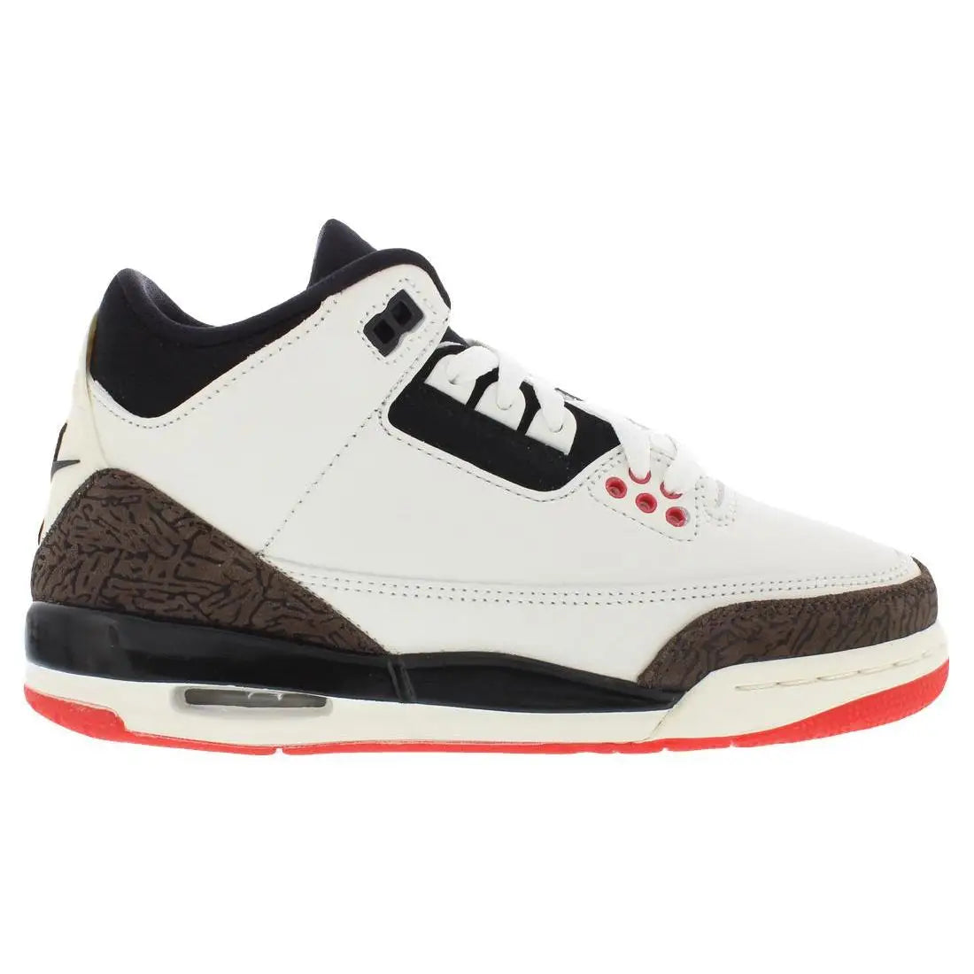 A classic Air Jordan 3 Retro Low sneaker in white, black, and brown, featuring a white leather upper, black overlays, a brown textured suede toe and heel, and a red outsole.