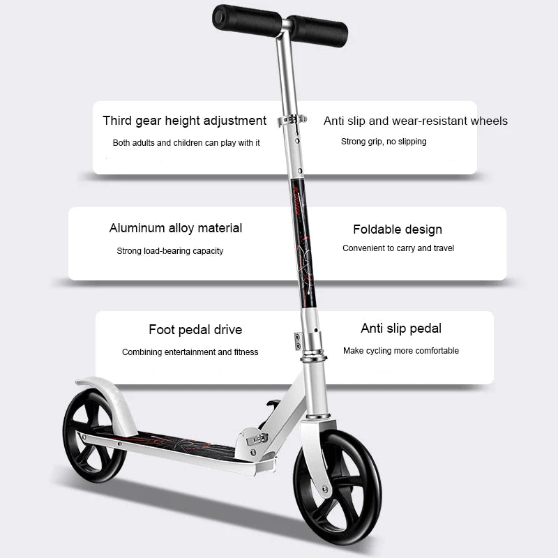 White folding kick scooter with English feature callouts for adjustable height, folding design and wheels.