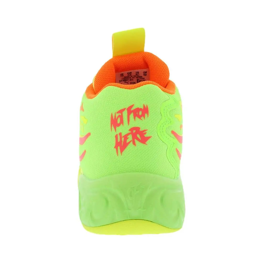 A neon green and orange athletic shoe shown from the back, featuring a lime green heel counter, a bright orange collar, and red stylized text on the side that reads 'NOT FROM HERE'.
