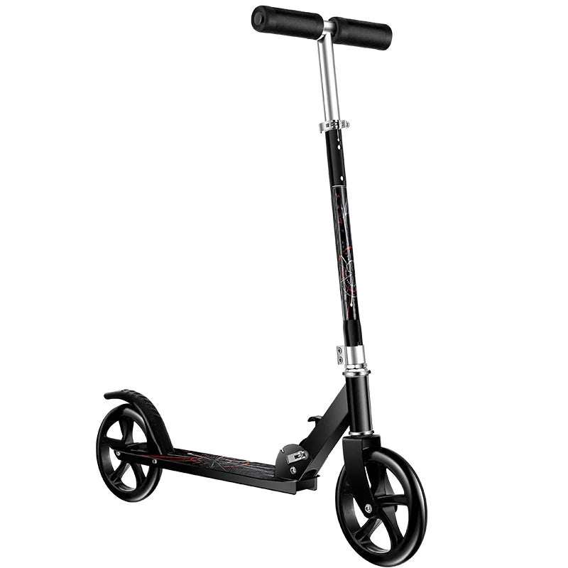 Black folding kick scooter with adjustable handlebars and two large wheels.