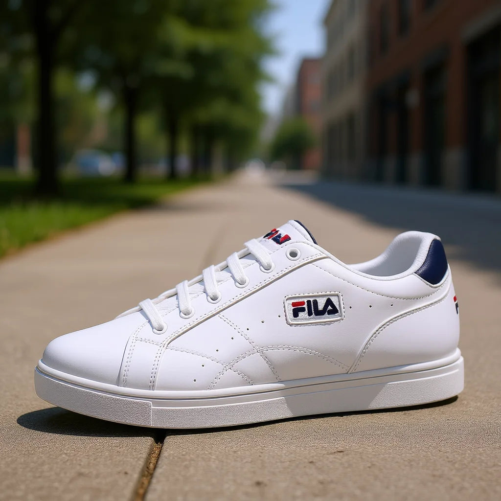 White sneaker with Fila logo on a blurred street background
