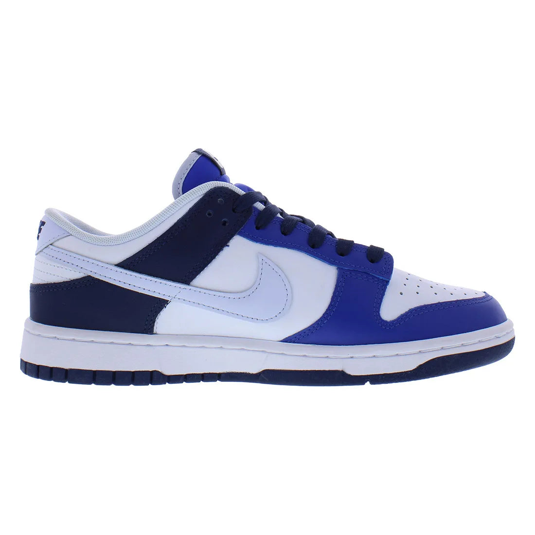 Blue and white sneaker with a prominent logo on a white background