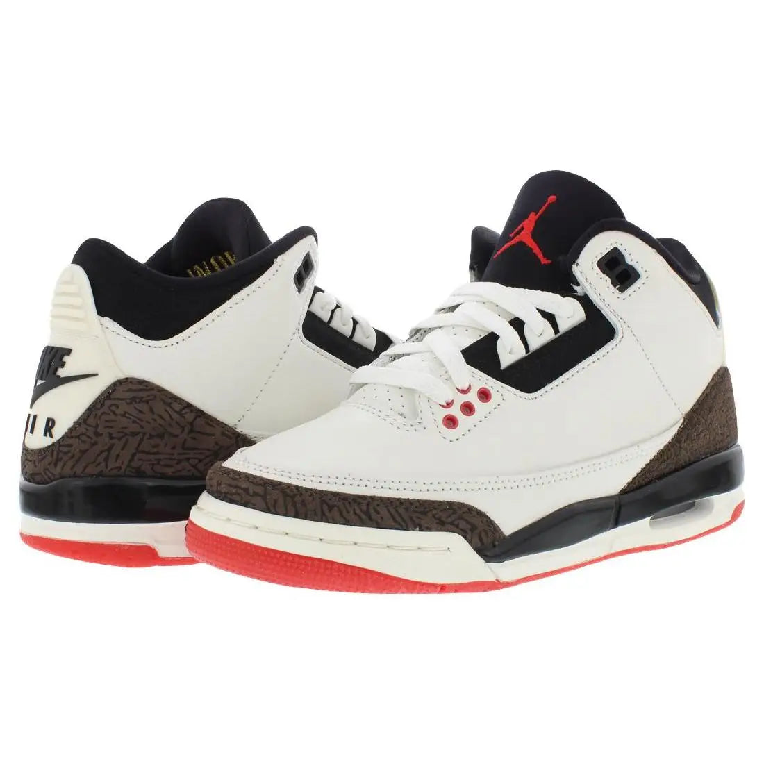 A pair of Air Jordan 3 Retro Low sneakers in white, black, and brown with red accents, shown on a plain white background.