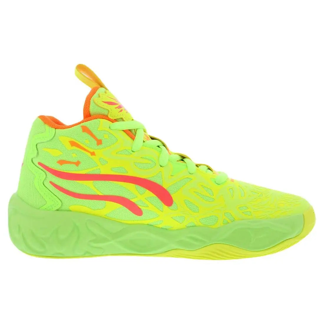 A neon yellow-green high-top basketball sneaker with a textured pattern, featuring a prominent pink flame graphic on the side, orange lining, and a matching neon sole.